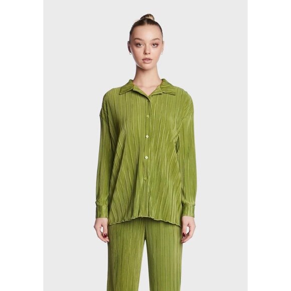 Good American Blouse Shirt Women's Green Kiwi Pleated Long Sleeve Size 1/2 NWT - Picture 1 of 10
